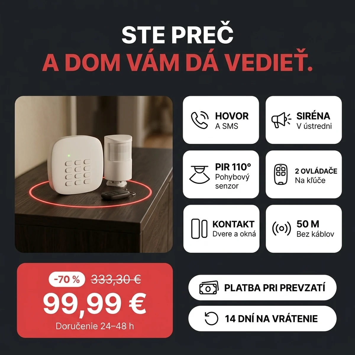 Biela ústredňa GSM alarmu so senzorom, kontaktom a ovládačmi, na kartách hlavných vlastností
