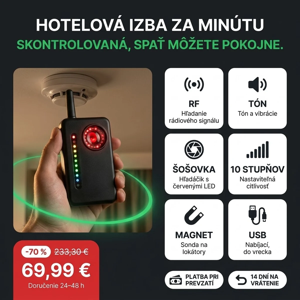 Detektor odpočúvania PRO s anténou a okienkom hľadáčika, na kartách hlavných vlastností