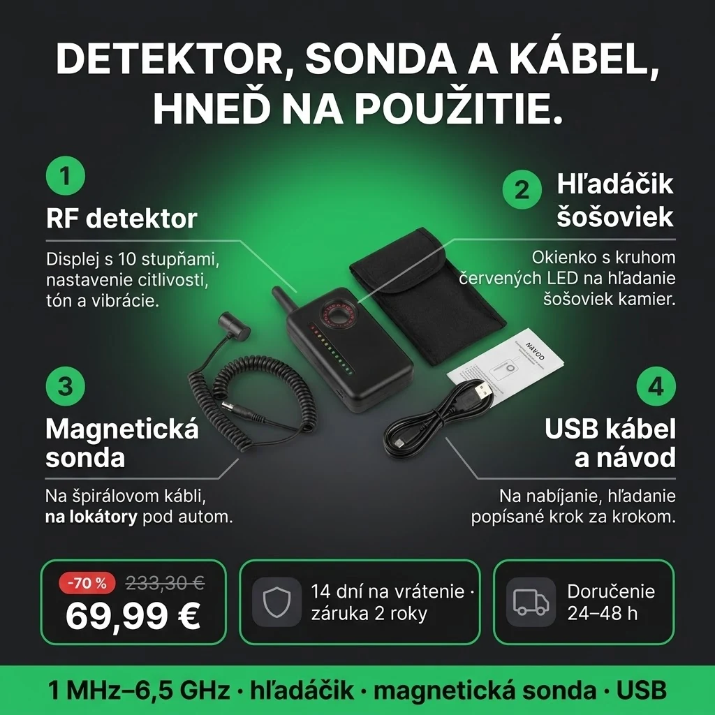 Detektor odpočúvania PRO – ponuka: RF detektor s hľadáčikom šošoviek, magnetická sonda a USB kábel, 69,99 € namiesto 233,30 €, platba pri prevzatí
