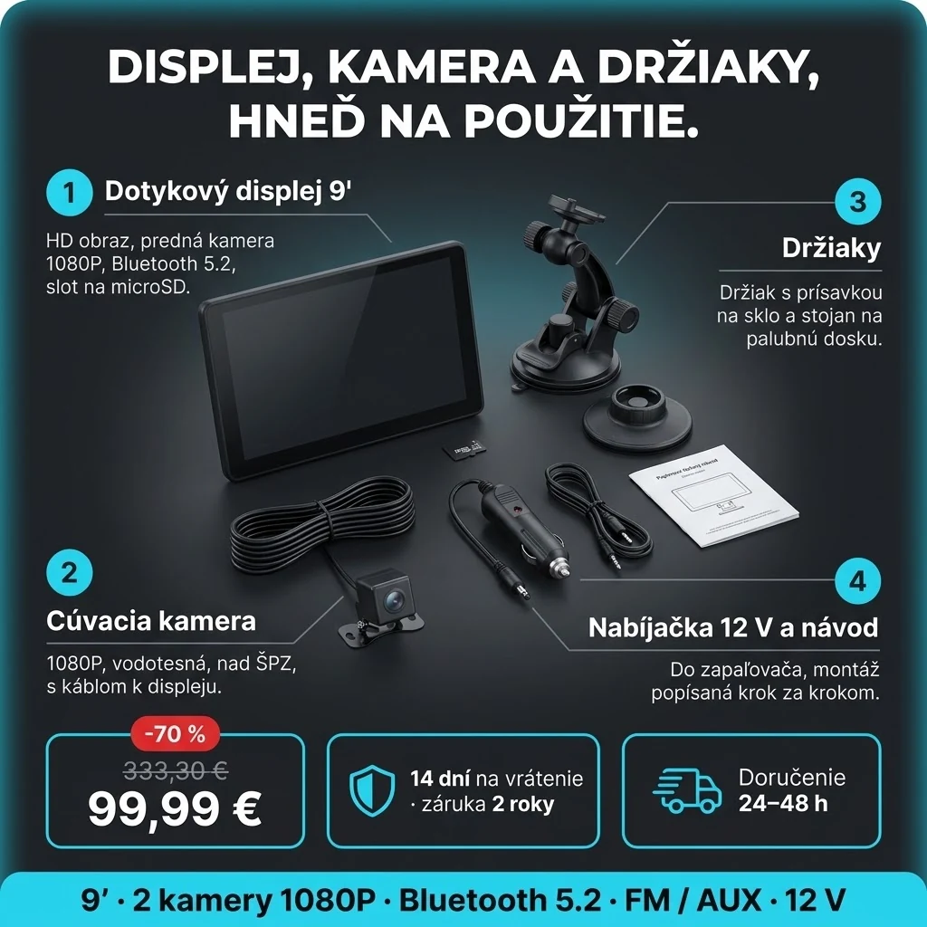 Displej do auta PRO – ponuka: displej 9", cúvacia kamera, držiaky a nabíjačka 12 V, 99,99 € namiesto 333,30 €, platba pri prevzatí