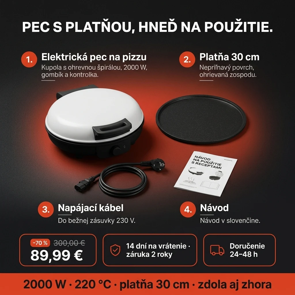 Elektrická pec na pizzu – ponuka: elektrická pec na pizzu s nepriľnavou platňou 30 cm, 89,99 € namiesto 300,00 €, platba pri prevzatí