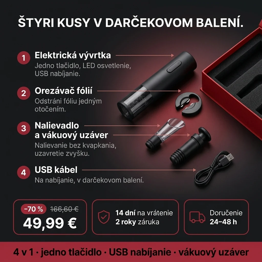 Elektrická vývrtka – ponuka: elektrická vývrtka v sade 4 v 1 v darčekovej krabičke, 49,99 € namiesto 166,60 €, platba pri prevzatí