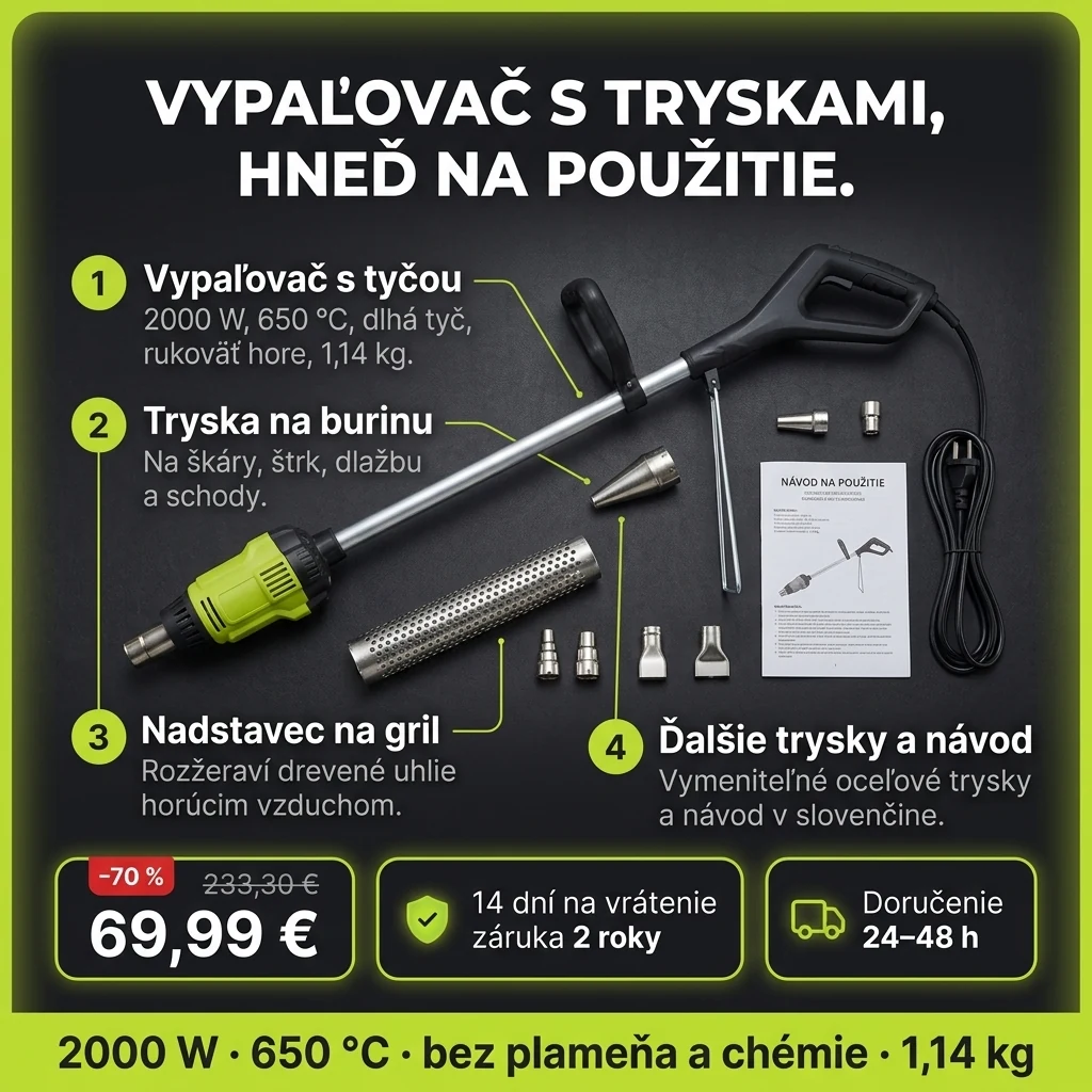 Vypaľovač buriny 2000 W – ponuka: elektrický vypaľovač buriny, tryska na burinu a nadstavec na gril, 69,99 € namiesto 233,30 €, platba pri prevzatí