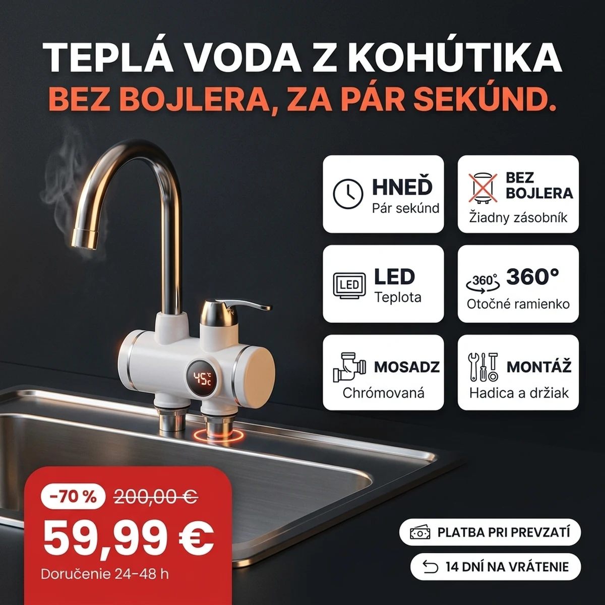 Kohútik s ohrevom vody, LED displejom a teplým prúdom, na kartách hlavných vlastností