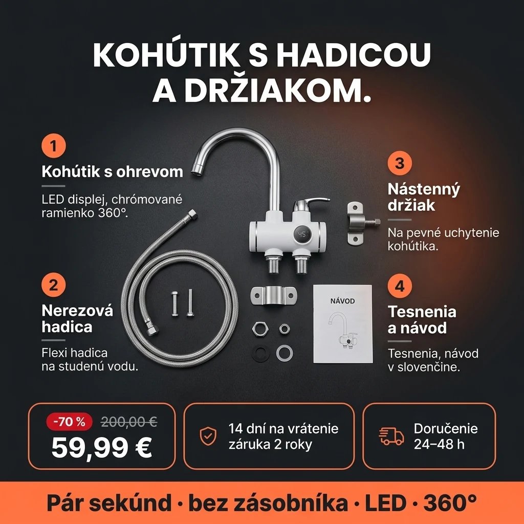 Kohútik s ohrevom vody – ponuka: kohútik s prietokovým ohrevom, LED displejom, hadicou a držiakom, 59,99 € namiesto 200,00 €, platba pri prevzatí