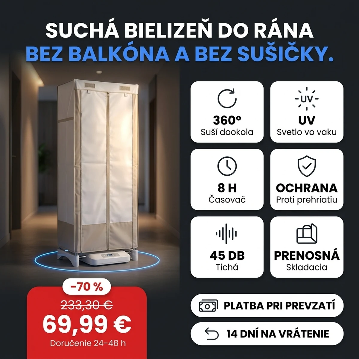 Biela prenosná sušička s vakom a visiacou bielizňou, na kartách hlavných vlastností