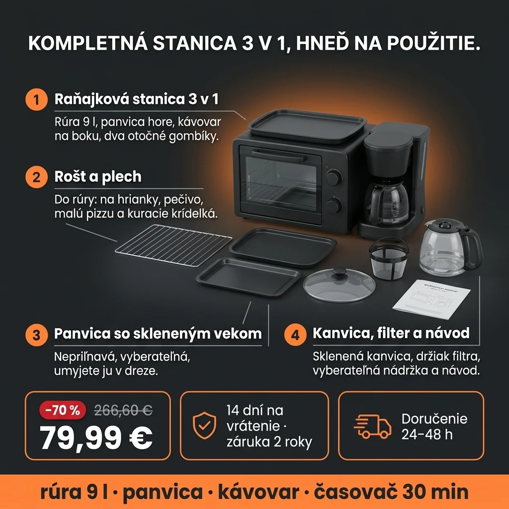 Raňajková stanica 3 v 1 – ponuka: raňajková stanica s rúrou 9 l, panvicou a kávovarom, 79,99 € namiesto 266,60 €, platba pri prevzatí