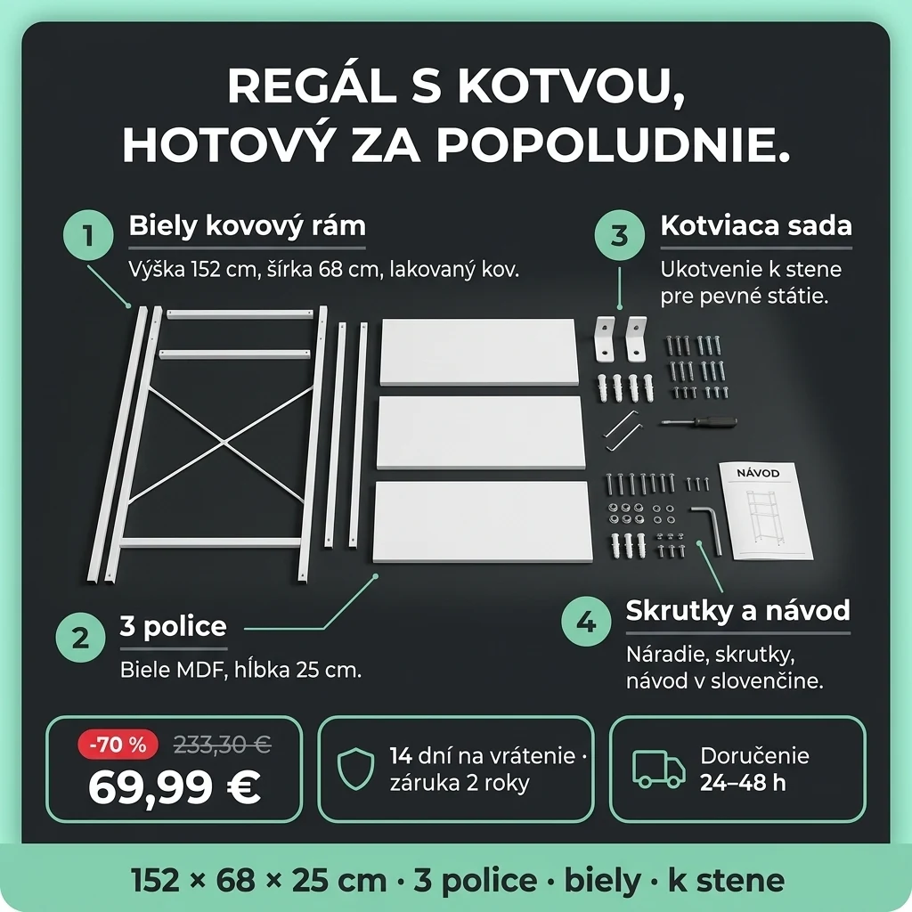 Regál nad práčku – ponuka: biely regál nad práčku s 3 policami a kotvou k stene, 69,99 € namiesto 233,30 €, platba pri prevzatí