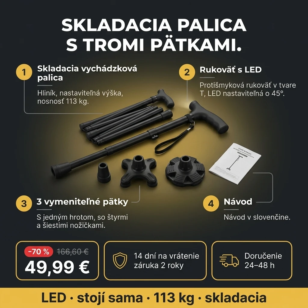 Skladacia palica s LED – ponuka: skladacia vychádzková palica s LED rukoväťou a 3 pätkami, 49,99 € namiesto 166,60 €, platba pri prevzatí