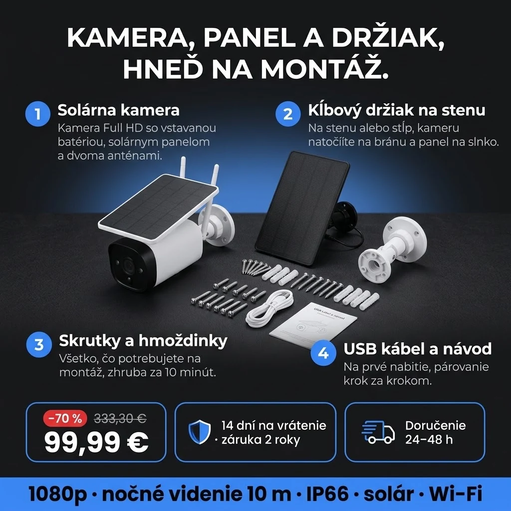 Solárna kamera PRO – ponuka: solárna kamera, držiak na stenu, skrutky a USB kábel, 99,99 € namiesto 333,30 €, platba pri prevzatí