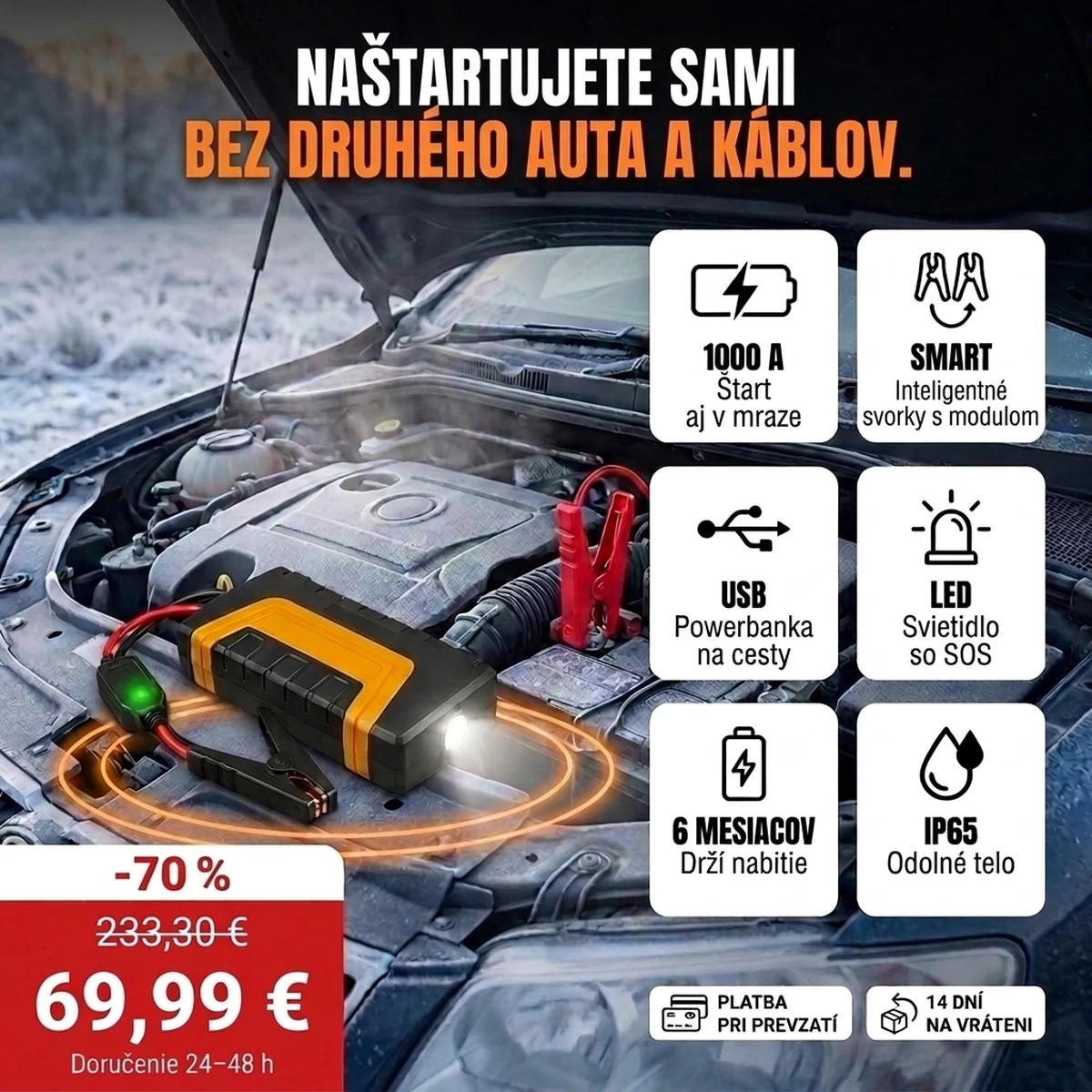 Štartovací zdroj PRO so svorkami, LED svietidlom a kufrom, hlavné vlastnosti na kartách