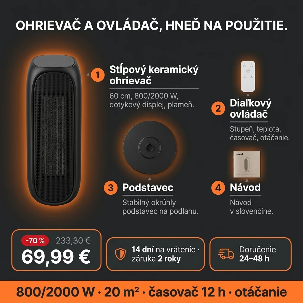 Stĺpový keramický ohrievač – ponuka: stĺpový keramický ohrievač s diaľkovým ovládačom, 69,99 € namiesto 233,30 €, platba pri prevzatí