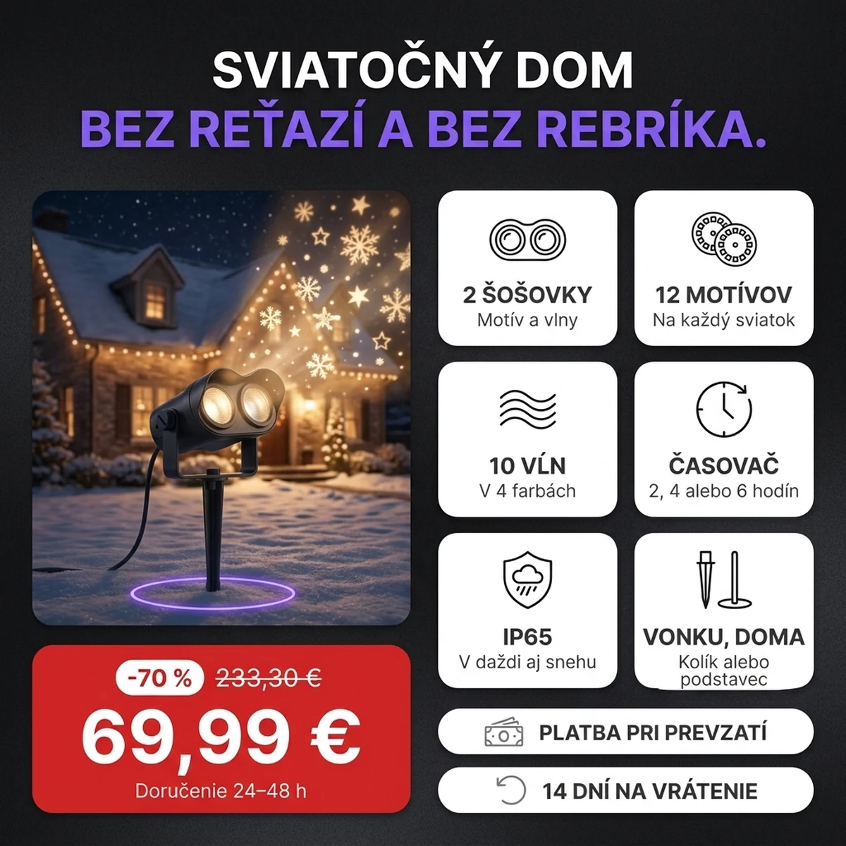 Čierny sviatočný LED projektor s dvoma šošovkami na zapichovacom kolíku, na kartách hlavných vlastností