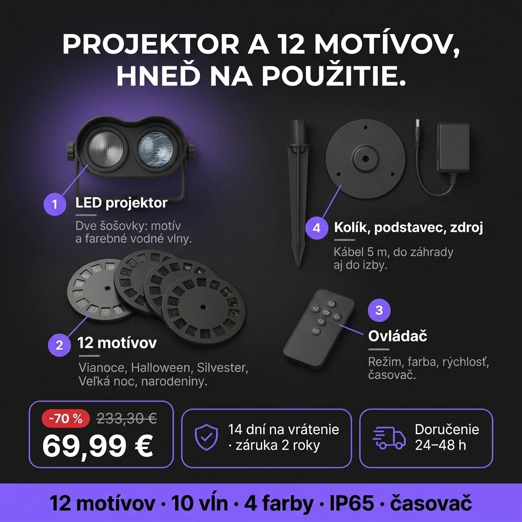 Sviatočný LED projektor – ponuka: sviatočný LED projektor s 12 motívmi a ovládačom, 69,99 € namiesto 233,30 €, platba pri prevzatí