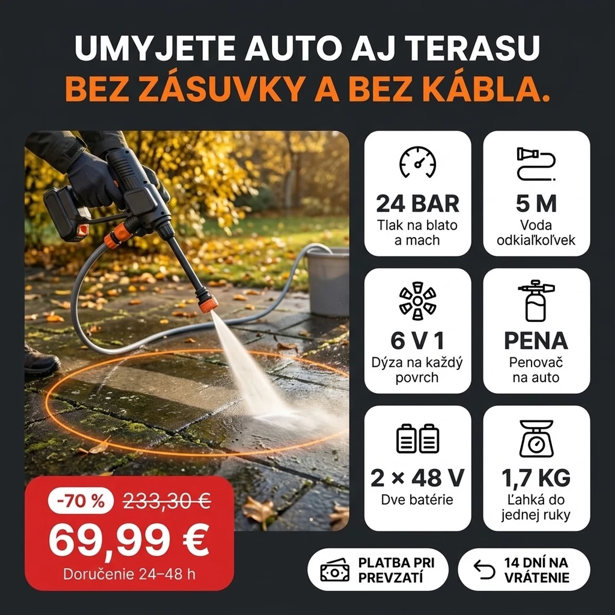 Akumulátorový tlakový čistič PRO s dýzou, penovačom a dvoma batériami, hlavné vlastnosti na kartách