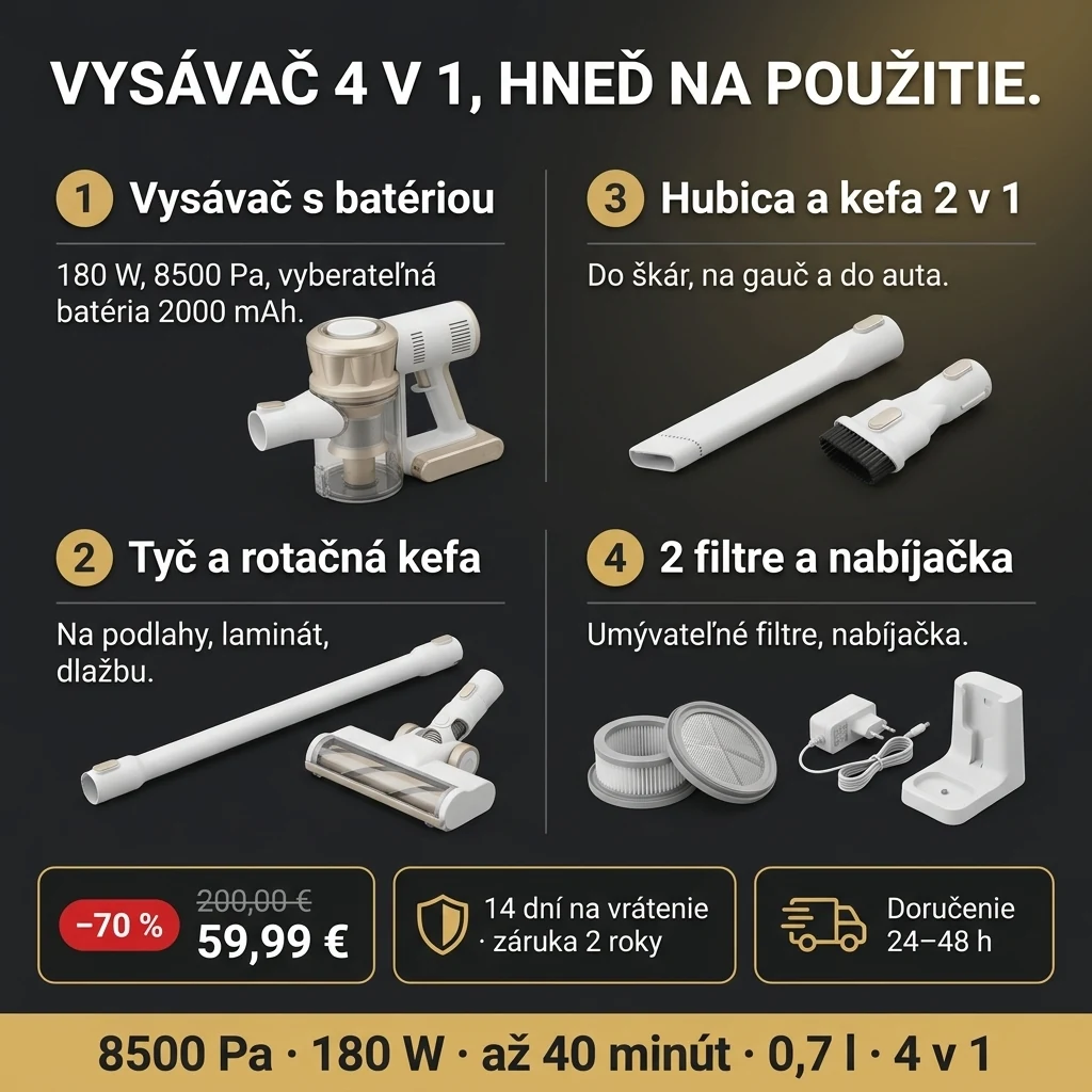 Tyčový vysávač 4 v 1 – ponuka: tyčový vysávač 4 v 1 bez kábla s nadstavcami, 59,99 € namiesto 200,00 €, platba pri prevzatí