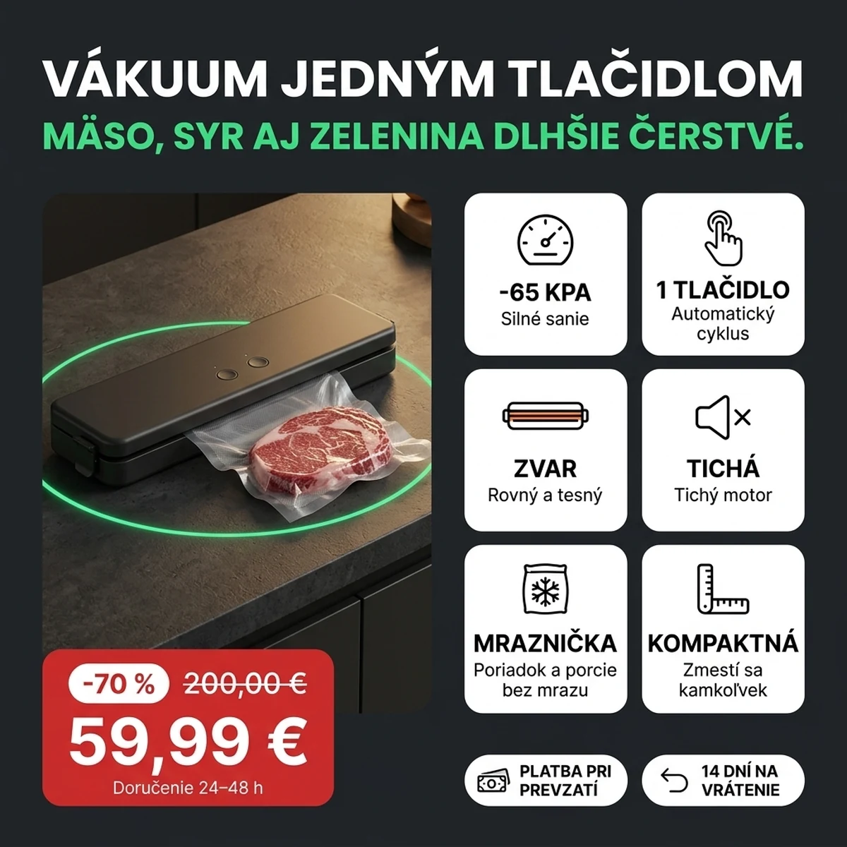Vákuovačka potravín s vreckom a steakom, na kartách hlavných vlastností