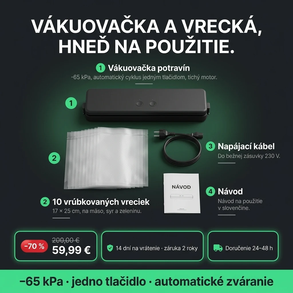 Vákuovačka potravín – ponuka: vákuovačka potravín a 10 vreciek 17 × 25 cm, 59,99 € namiesto 200,00 €, platba pri prevzatí